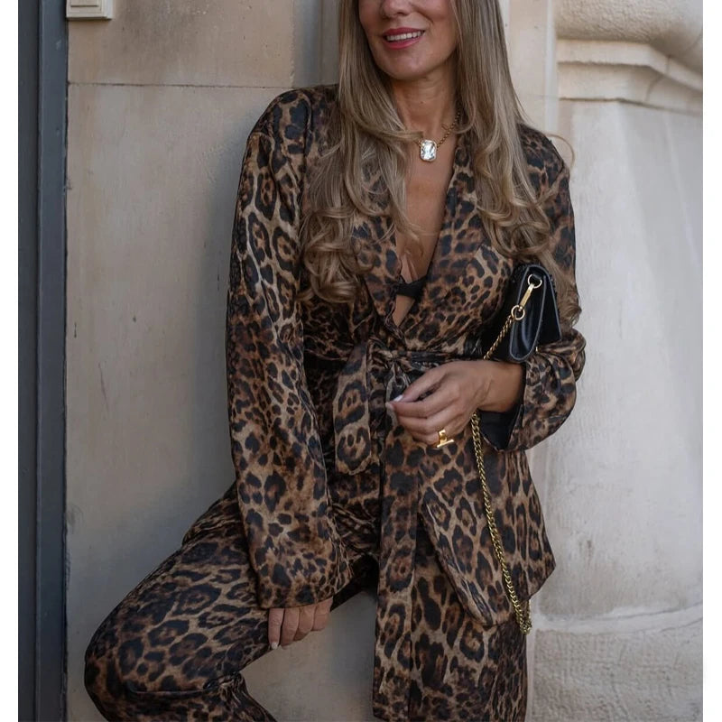 MUJER Blazer mit Leopardenmuster, Damen-Outfit, gerades Bein, Hosen-Sets für Damen, 2-teilig, Jacquard-Büro-Blazer, Damen-Hosenanzug