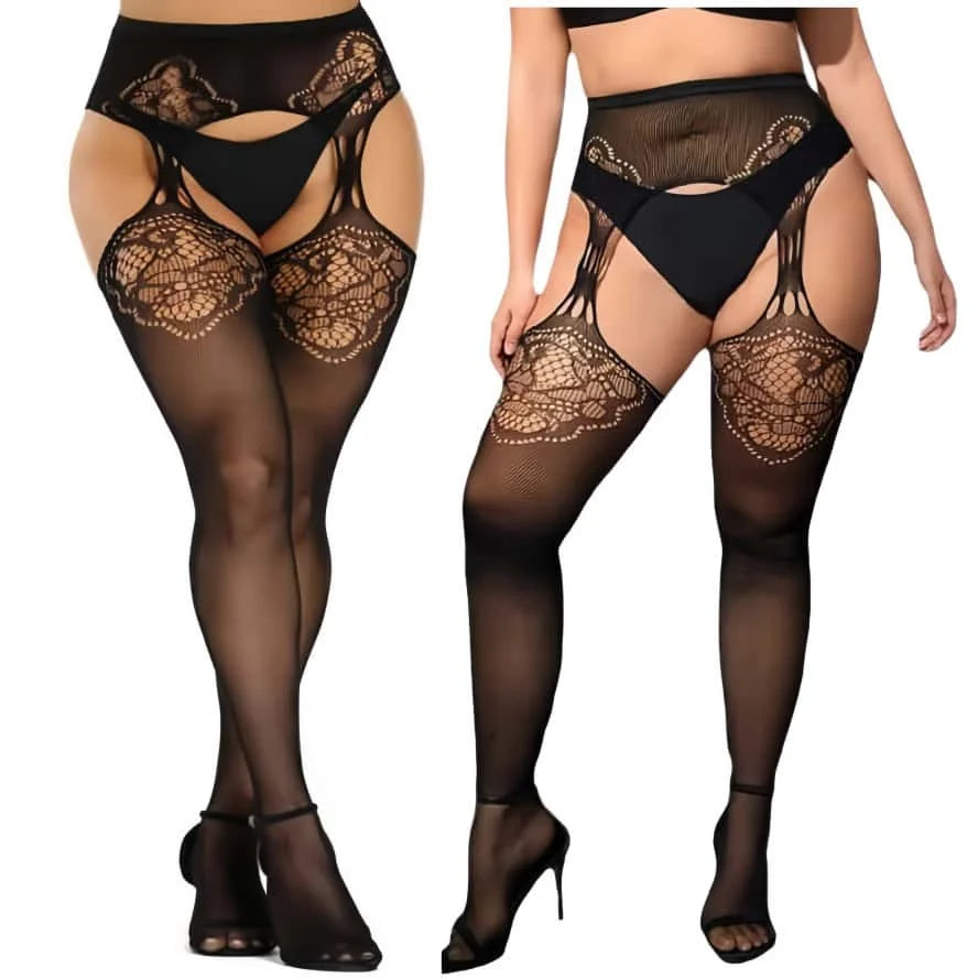 NEWFUNJOIN Übergrößen Netzstrümpfe Oberschenkelhohe Sexy Fischnetz-Spitzenstrümpfe Schwarze Strümpfe für Mädchen und Frauen 3XL