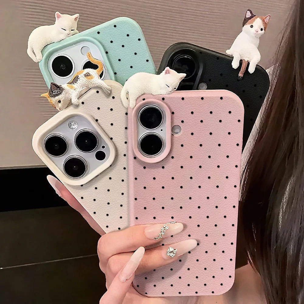 3D süße Katze Leder Dot Hülle für iPhone 17 11 15 16 12 13 14 Pro Max 16 15 Plus 17 Air iPhone 17 17 schöne stoßfeste Abdeckung Funda