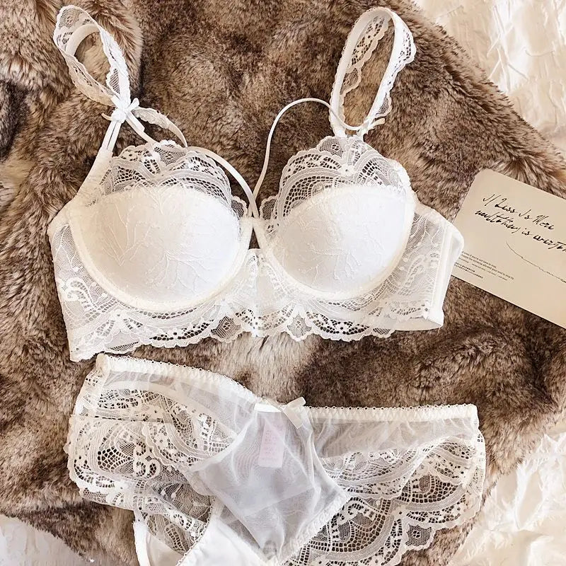 MOYISU Sexy Spitzen-Bralette-Set, kleine Brüste, französisches Design, abnehmbare Träger mit dünnen Push-Up-Pads, weiche Bügel-BH-Abdeckung, Oberteil AB