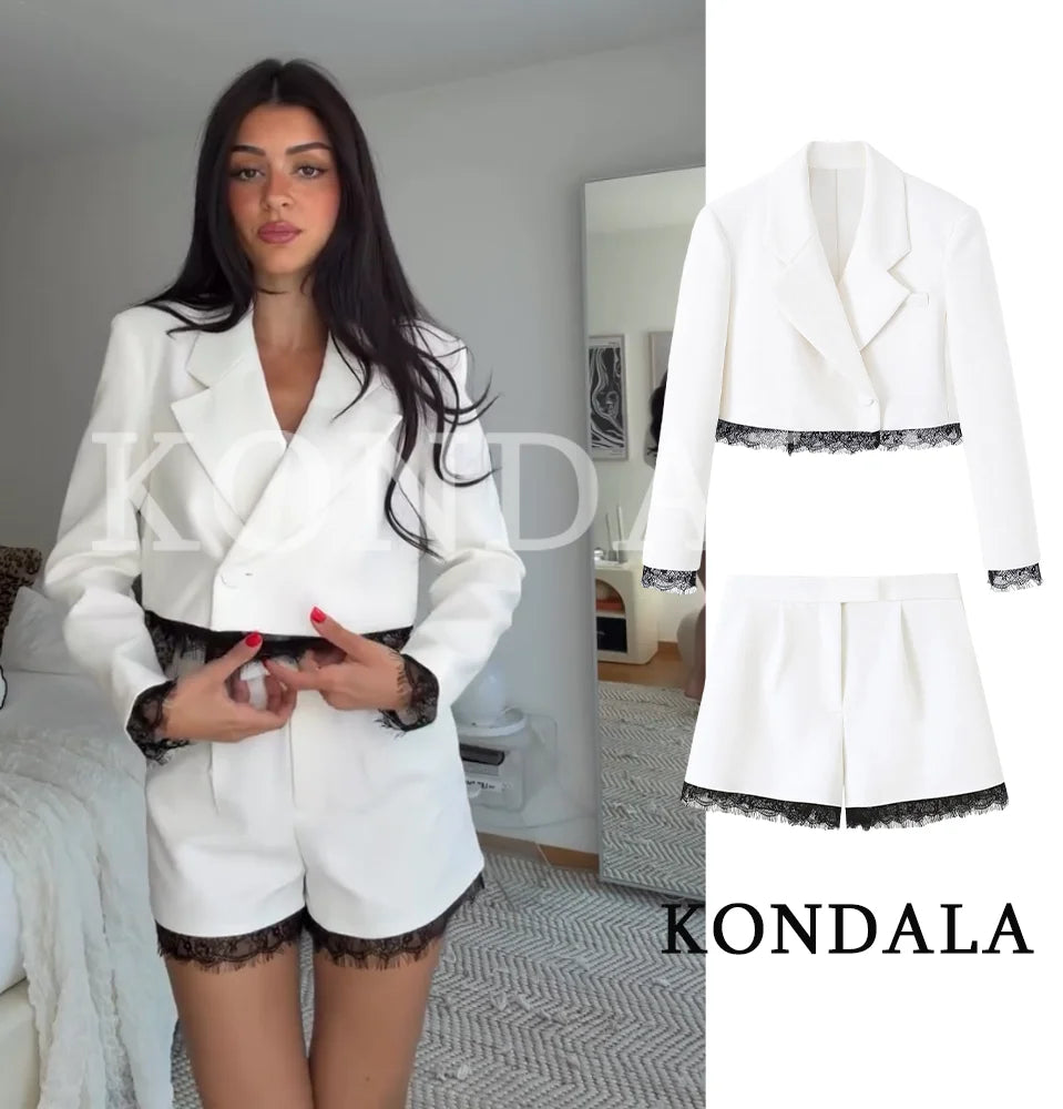 KONDALA Damen Trendiges Spitzen-Blazer-Set Schwarzer Kurzblazer mit Revers und Taschen Shorts Neue Mode 2026 Frühling Sommer Party Büro Damen-Set