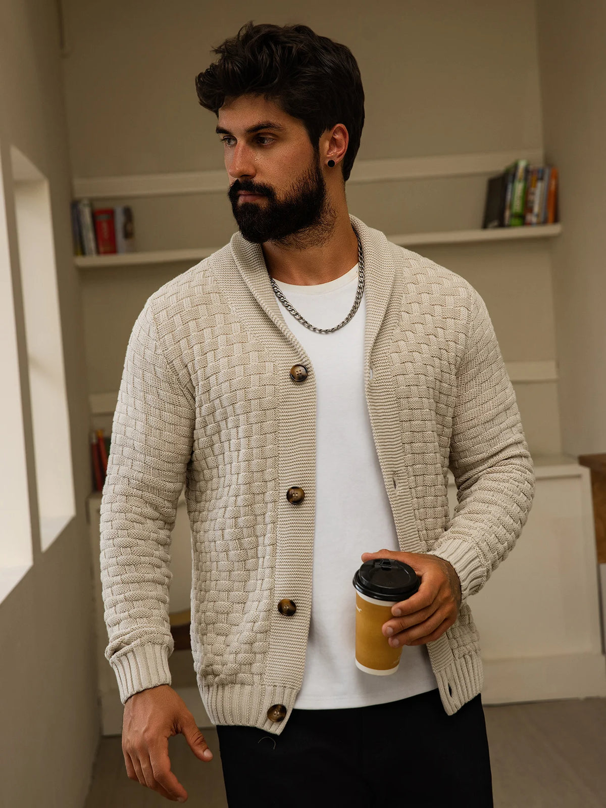 Herren-Strickjacke für Herbst und Winter, warm gestrickt, vorne offen, langärmelig, V-Ausschnitt, Pullover in einfarbiger Farbe für Herren
