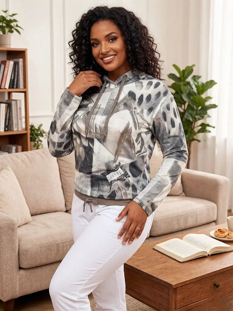 Damen-Hoodie mit 3D-Abstraktem Druck, langen Ärmeln, Kordelzug an der Taille, Sweatshirt mit Reißverschlusstasche, lässiger, lockerer Pullover