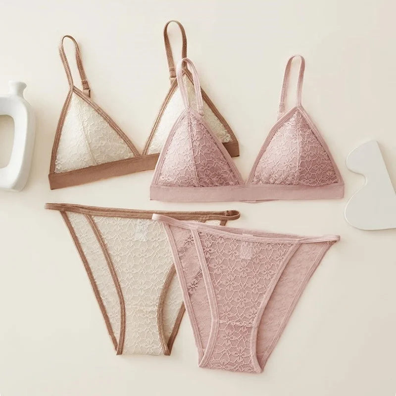Frauen Spitze BH und Höschen Set drahtlose Bra lette niedrige Taille transparente Höschen weibliche ultra dünne sexy nahtlose Unterwäsche Set