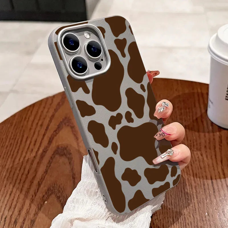 Für iPhone 17 Hülle, brauner Kuh-Druck, Litschi-Muster, Handyhülle für iPhone 16 Pro Max 15 14 13 12 11 XS X XR 7 8 Plus 16E Air Cover