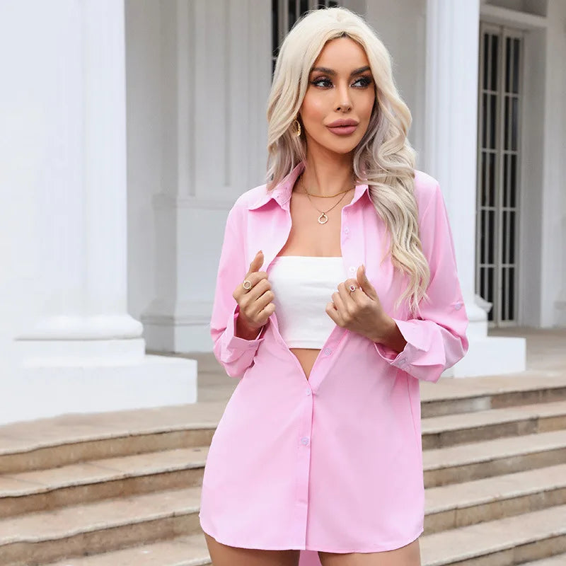 Elegante Damenbluse mit Langen Ärmeln, Büro-Look mit Umlegekragen, Einfarbige Chiffon-Bluse für Sommer und Herbst, Schlanke Oberteile, Übergroße Tuniken