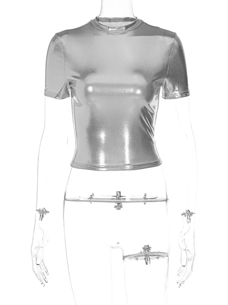 Leder Solide O Hals Kurzen Ärmeln Sexy Schlank Y2K T-Shirt Top Sommer Frauen Fashion Tees Streetwear Grunge Kleidung