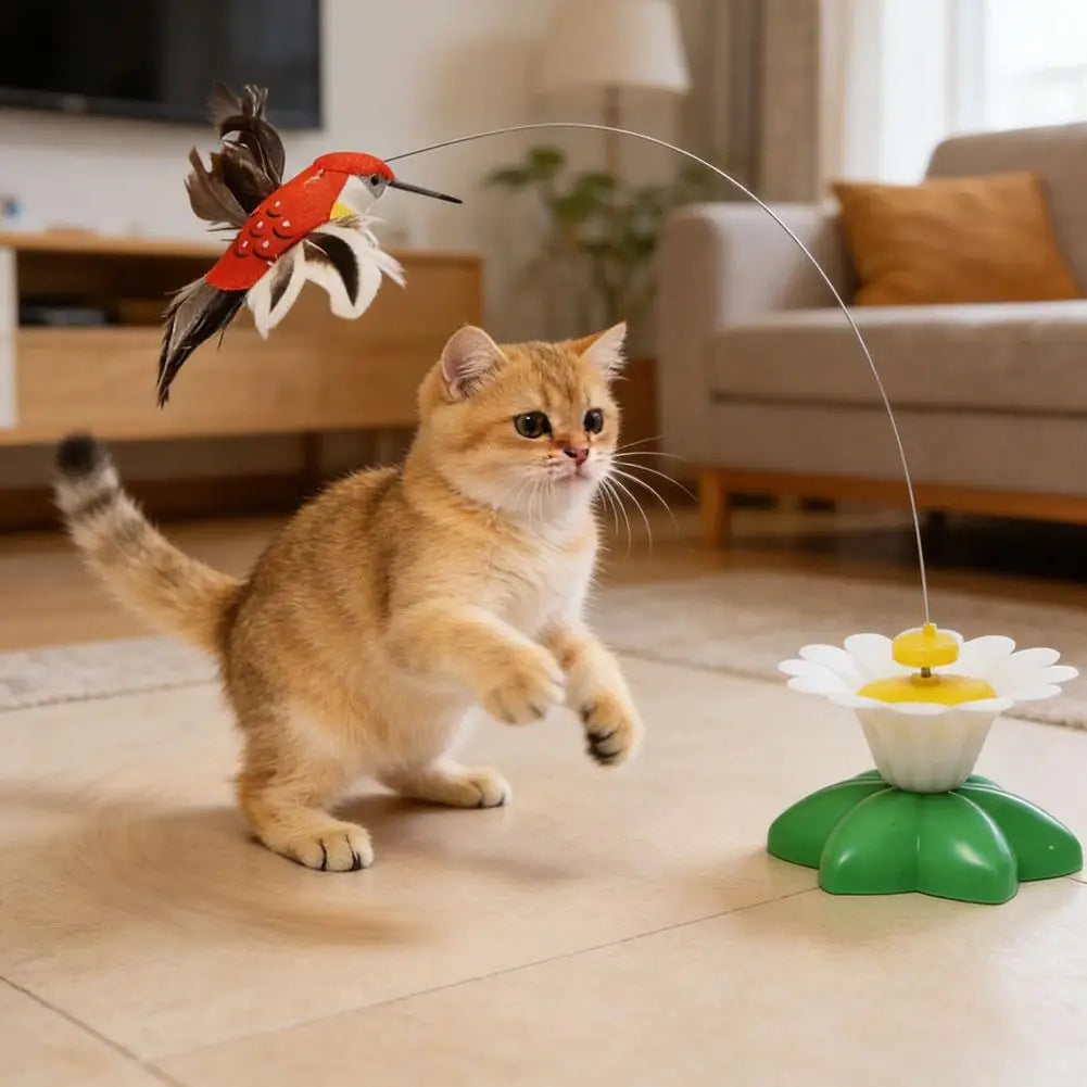 Interaktives Katzen-Teaser-Zauberstab-Spielzeug – automatisch rotierender elektrischer fliegender Schmetterling, Kolibri, Übungsspielzeug für Kätzchen im Innenbereich