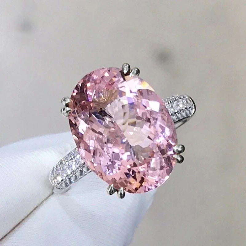 Huitan Große ovale rosa CZ-Ringe für Frauen, Verlobung, Hochzeit, Temperament, süßes weibliches Accessoire, Jahrestagsgeschenk, Statement-Schmuck