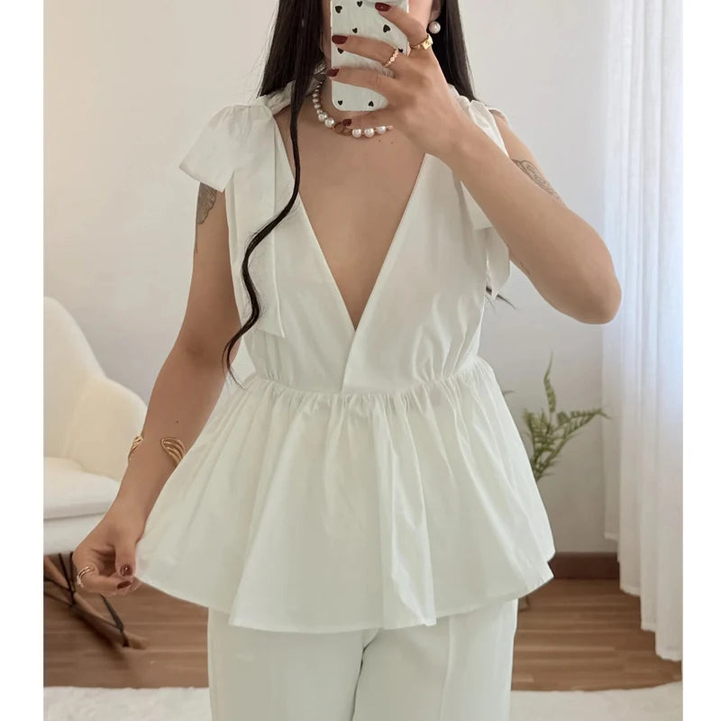 MUJER Weiße Mini-Shorts-Sets für Damen, 2-teilig, gerüscht, mittlere Taille, Damen-Shorts, Anzug, rückenfreies Oberteil, Urlaubs-Outfits, Damen-Sets