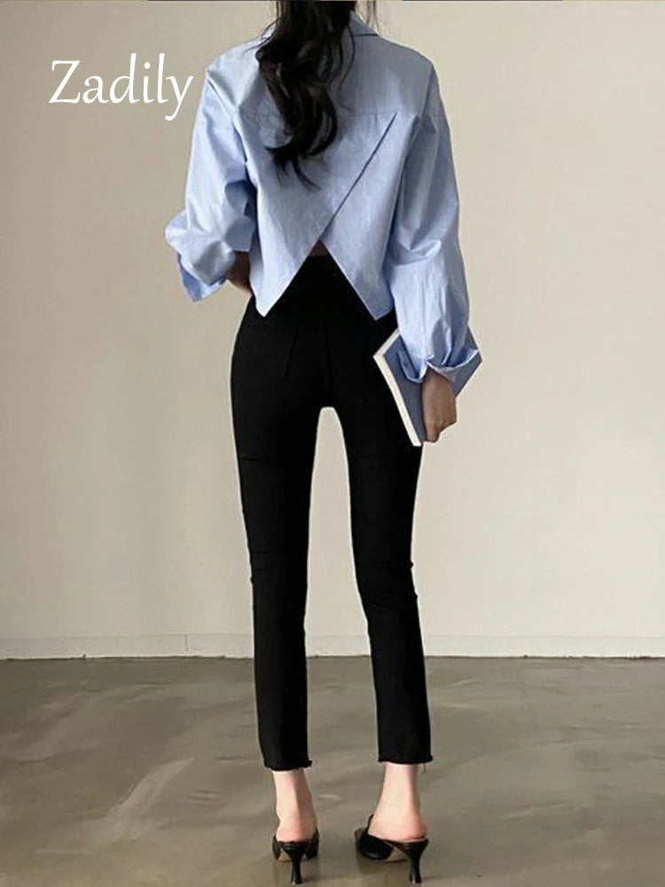 2026 Sommer Neue Damen Weiße Langarm-Bluse Lässiger Korea-Stil Einfarbig Knopfleiste Crop-Top Bluse für Partys