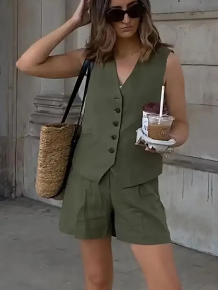 HH Frauen Elegante Feste Weste Hose Sets Einreiher V-ausschnitt Weste Top + Hohe Taille Dünne Shorts Dame Büro Tragen anzüge