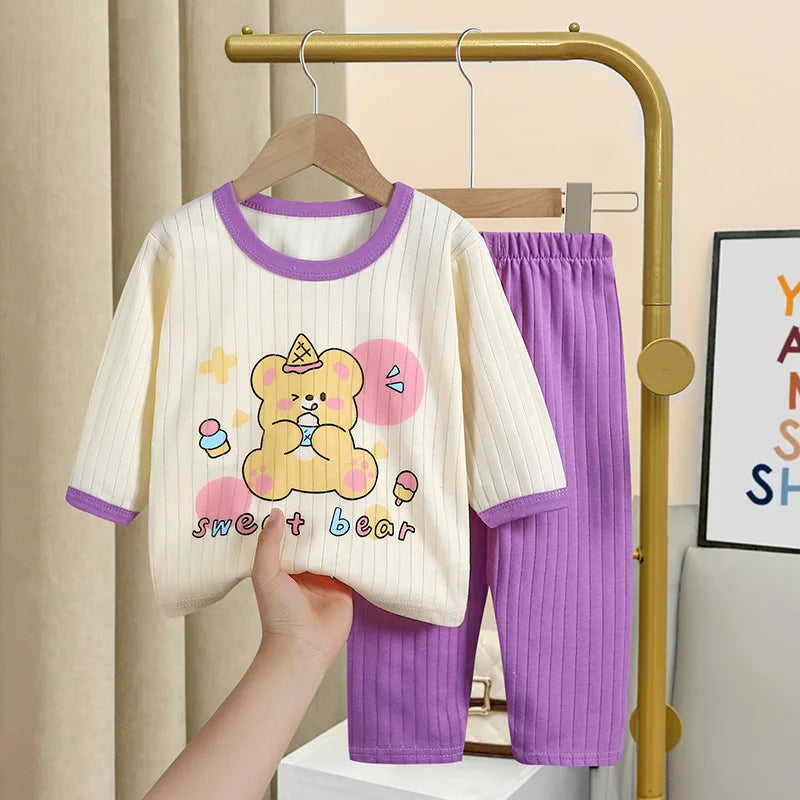 Cartoon Bär Drucken Tops + Hosen Mode Hause Kleidung Jungen Und Mädchen Frühling Sommer 2024 Neue Nachtwäsche 2 stücke Kleinkind dünne Anzüge