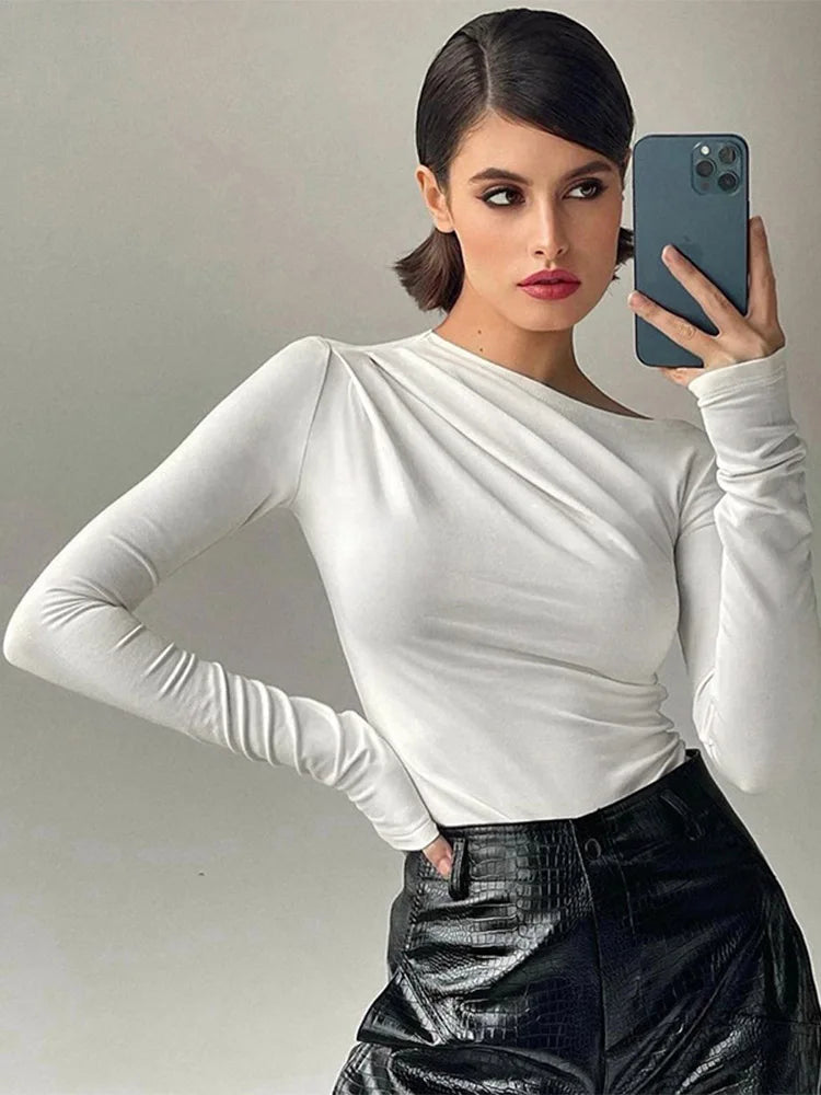 Langarm Top weiß T-Shirts Frauen Basic Crop Top Herbst Pollover solide Schräg hals T-Shirt Streetwear Basic schwarz y2k T-Shirts