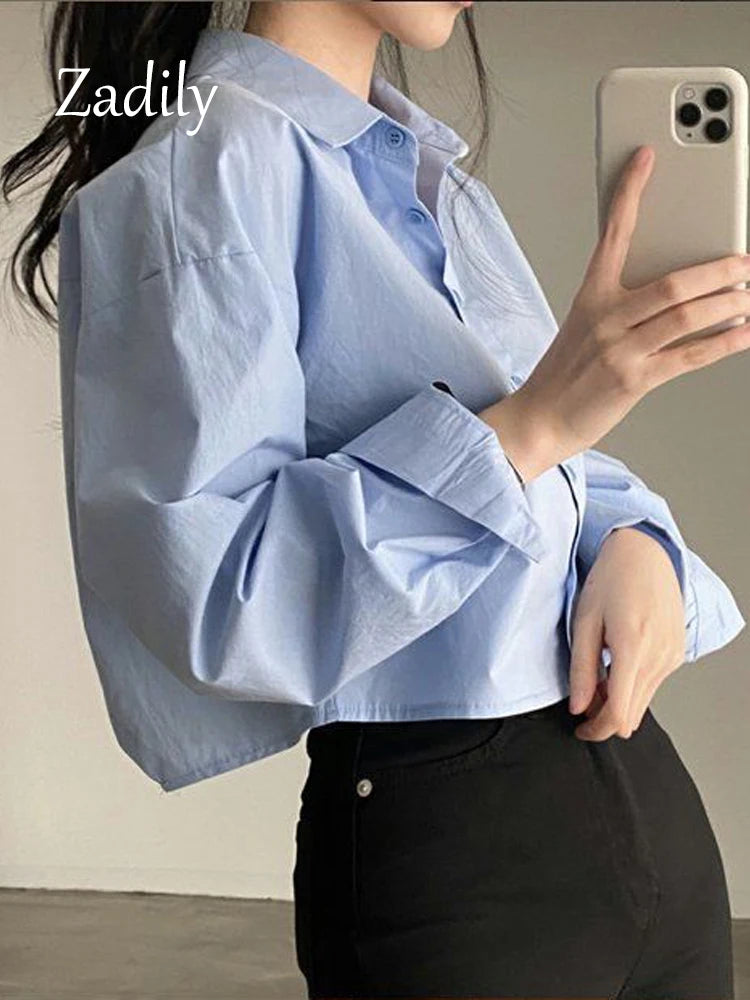 2026 Sommer Neue Damen Weiße Langarm-Bluse Lässiger Korea-Stil Einfarbig Knopfleiste Crop-Top Bluse für Partys