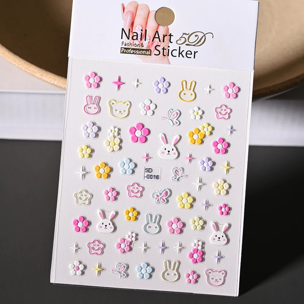 1Pc 5D Geprägte Kawaii Floral Schmetterling Nagel Aufkleber 3D Cartoon Bogen Kaninchen Erdbeere Klebe Aufkleber Urlaub Nagel Sliders