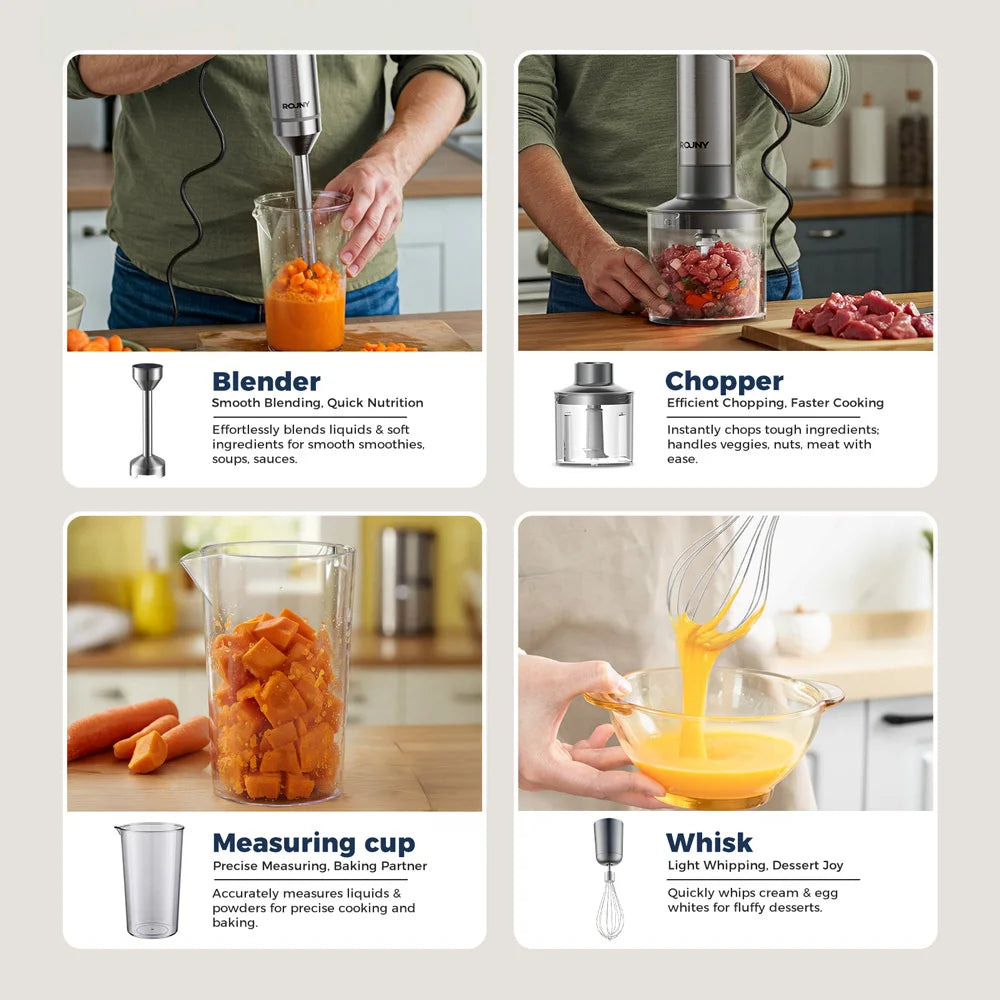 Handstabmixer Leistungsstarker 4-in-1-Stabmixer aus Edelstahl, 700ml Mixbecher, 500ml Prozessor, Schneebesen
