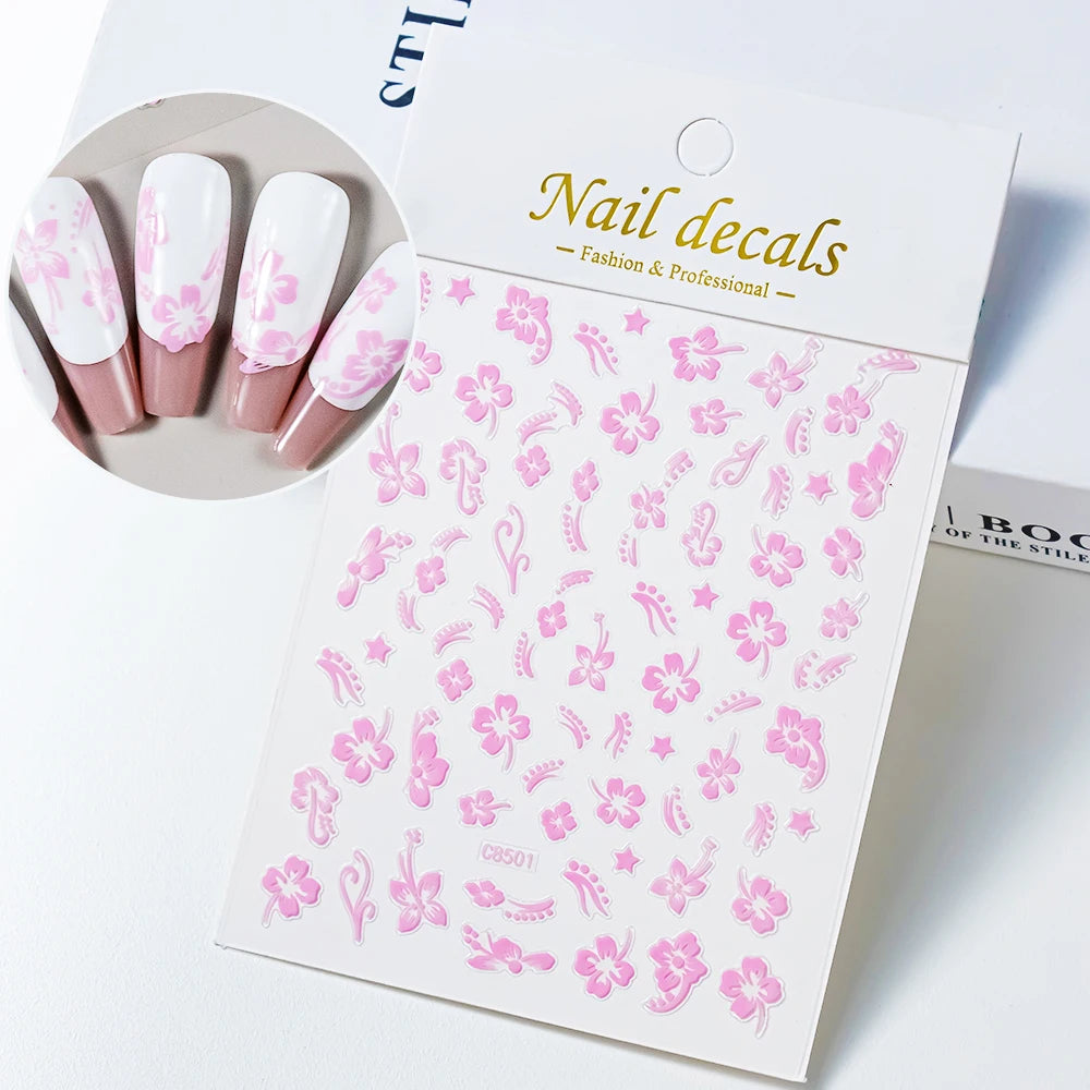 1 Stück 5D Elegante Rosa-Weiß-Blaue Blumen-Nagelaufkleber Aurora-Muschel Grüne Blätter Nagelsticker Selbstklebende Mini-Blumen-Nageldekoration