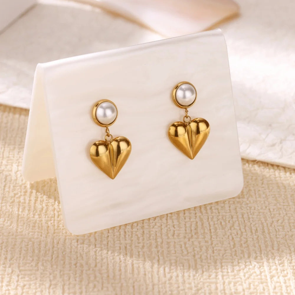 Elegante Imitation Perle Tropfen Ohrringe für Frauen Gold Farbe Edelstahl Herz Geometrische Durchbohrte Ohrringe Trendy Party Schmuck