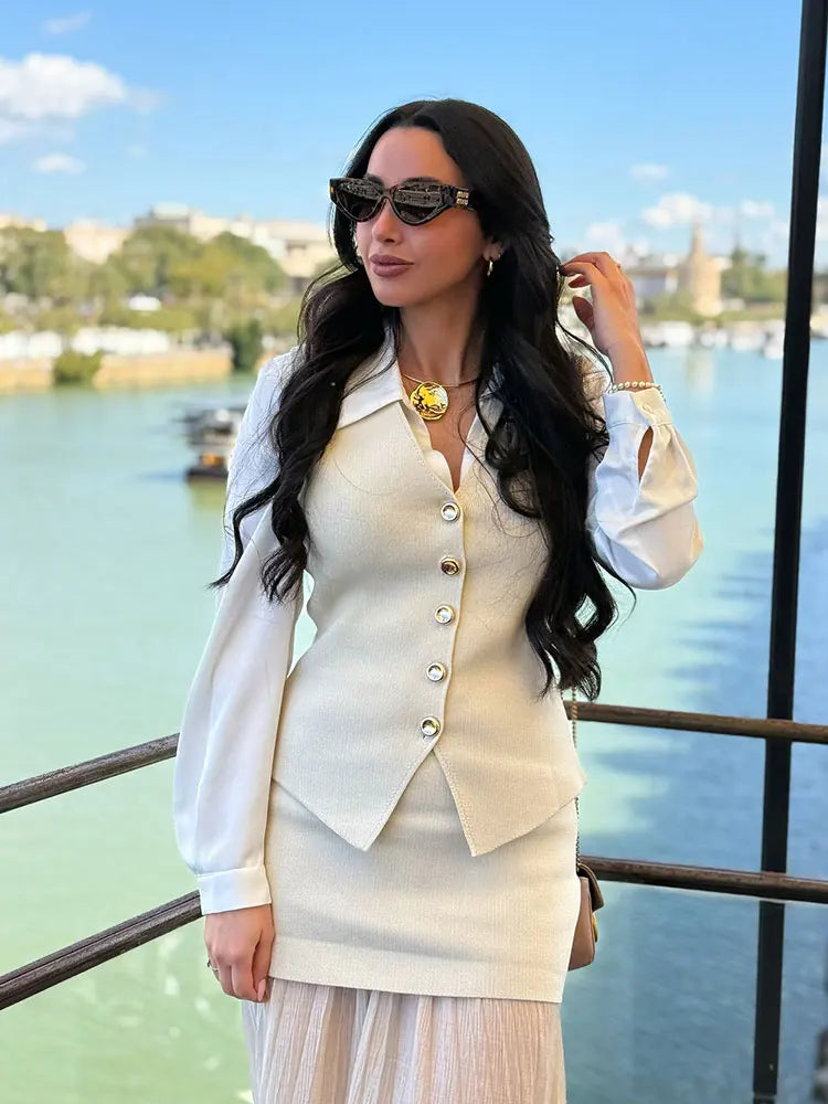 HH Frauen Elegante Solide Strick Weste Röcke Anzug V-ausschnitt Einreiher Westen Tops Hohe Taille Patchwork Rock Sommer Outfits