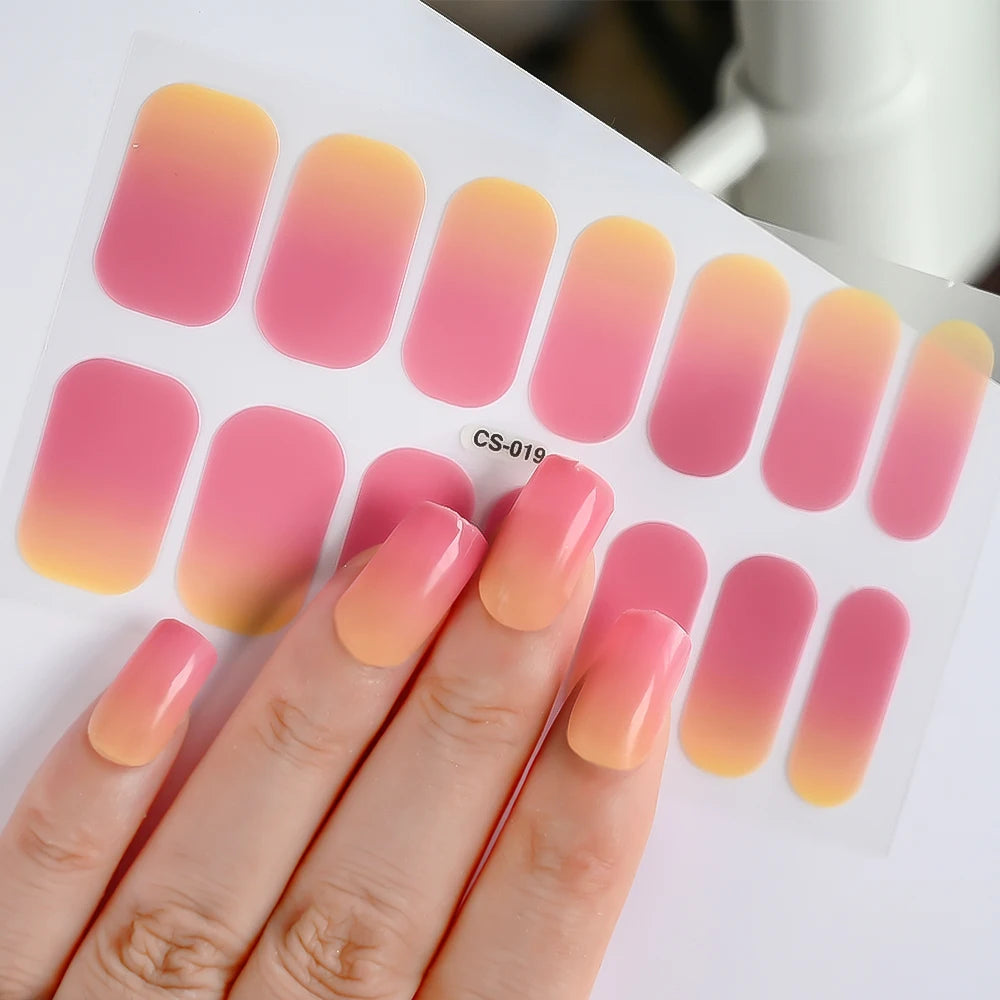 14 Tipps/Blatt Rosa Gel-Nagelaufkleber mit vollständiger Abdeckung, halbgehärtete UV-/LED-Lampe, Nagellackverpackungen, langanhaltende selbstklebende Maniküre-Spitze