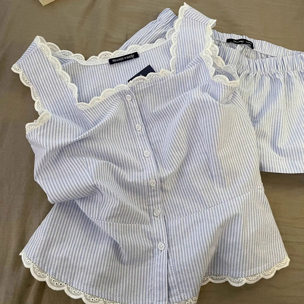 Gestreifte Damen-Pyjamas, Sommer-Nachtwäsche, ärmellose Shorts-Sets, 2-teilig, Spitzen-Nachtwäsche, Tank-Top, koreanischer Schlafanzug für zu Hause