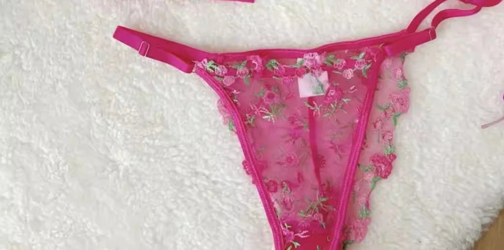 Französisches Blumen-BH-Set für Damen |   Süßes sexy transparentes Mesh-Spitze-Set, transparentes Unterwäsche-Set |   Praktisches und feminines MOYISU Sexy Höschen-Set