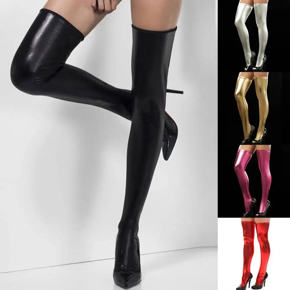 Neue Frauen Oberschenkel hohe Socken über Knie Socken Pu Leder lässig lange Overknee Socken schwarz rot silber gold Strümpfe
