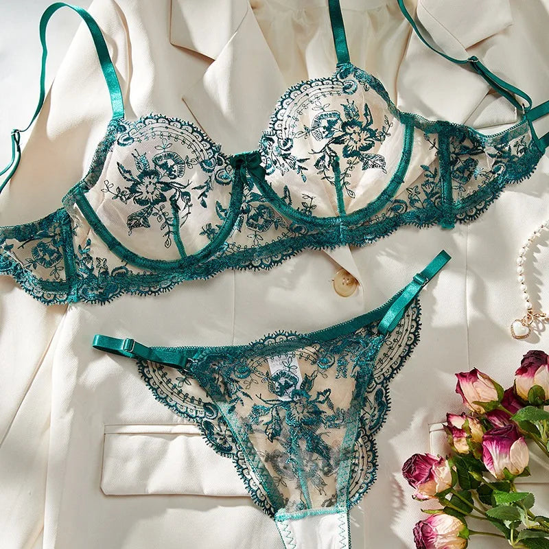 Spitzen-Stickerei-BH-Set mit ultradünnen Cups, transparente Mesh-Nachtwäsche für Frauen mit großer Oberweite, S-XL, Push-up, 32-38