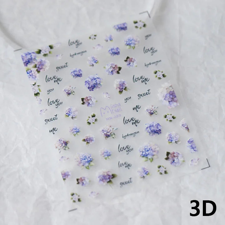 Fantasie blau lila Hortensie 5d geprägte Tulpe selbst klebende Nail Art Aufkleber hochwertige bunte Bouquet Nail Art Aufkleber