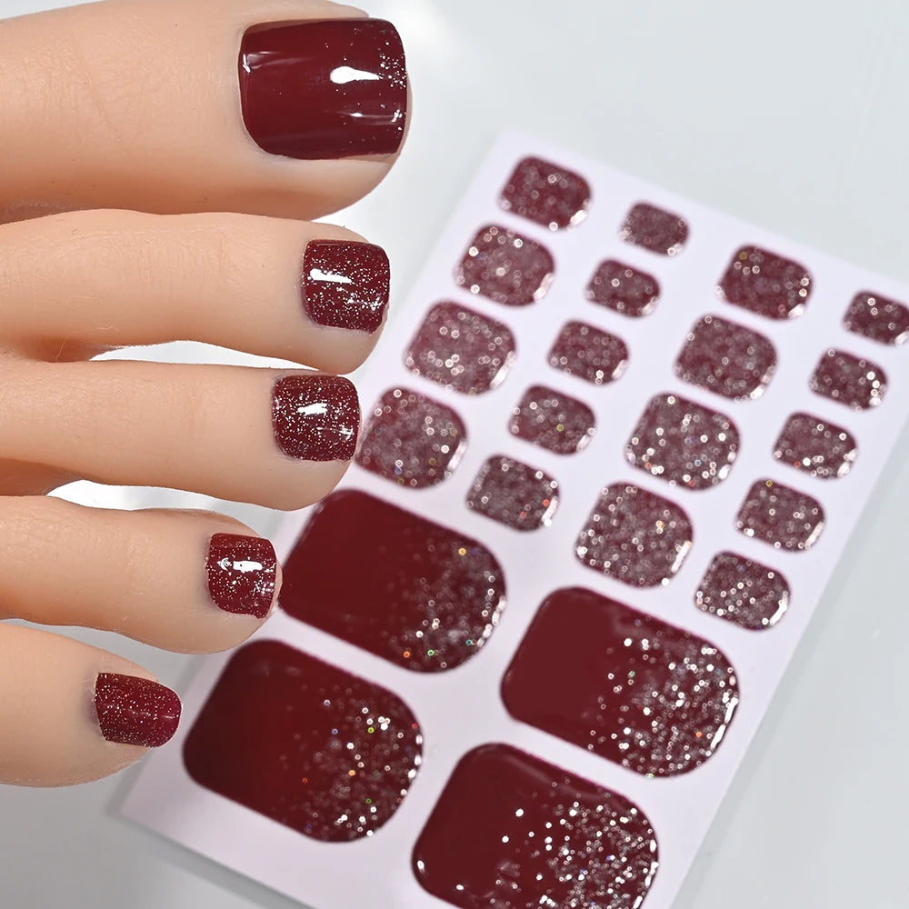 22 Tipps Glitzer Zehennagel Aufkleber Wraps selbstklebende Abziehbilder Zehennagellack Streifen Patch Frauen einfarbig volle Abdeckung DIY Fußschieber