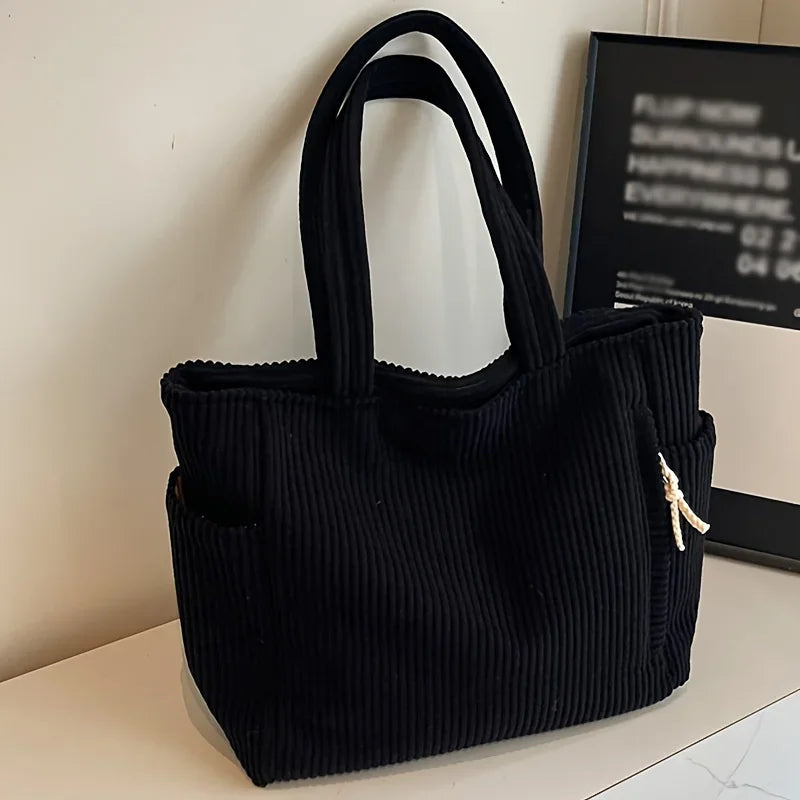 Cord-Tragetasche mit Reißverschluss, leicht und großes Fassungsvermögen, fester Schultergurt, einfarbig, tägliche Pendler-Handtasche