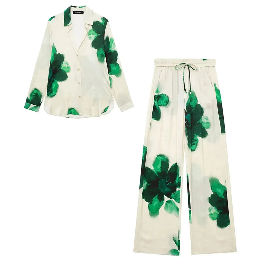 HH 2024 Sommer Weibliche Elegante Blumen Druck 2 Stück Anzug Lange Ärmel Revers Bluse + Kordelzug Breite Bein Hosen kausalen Outfit