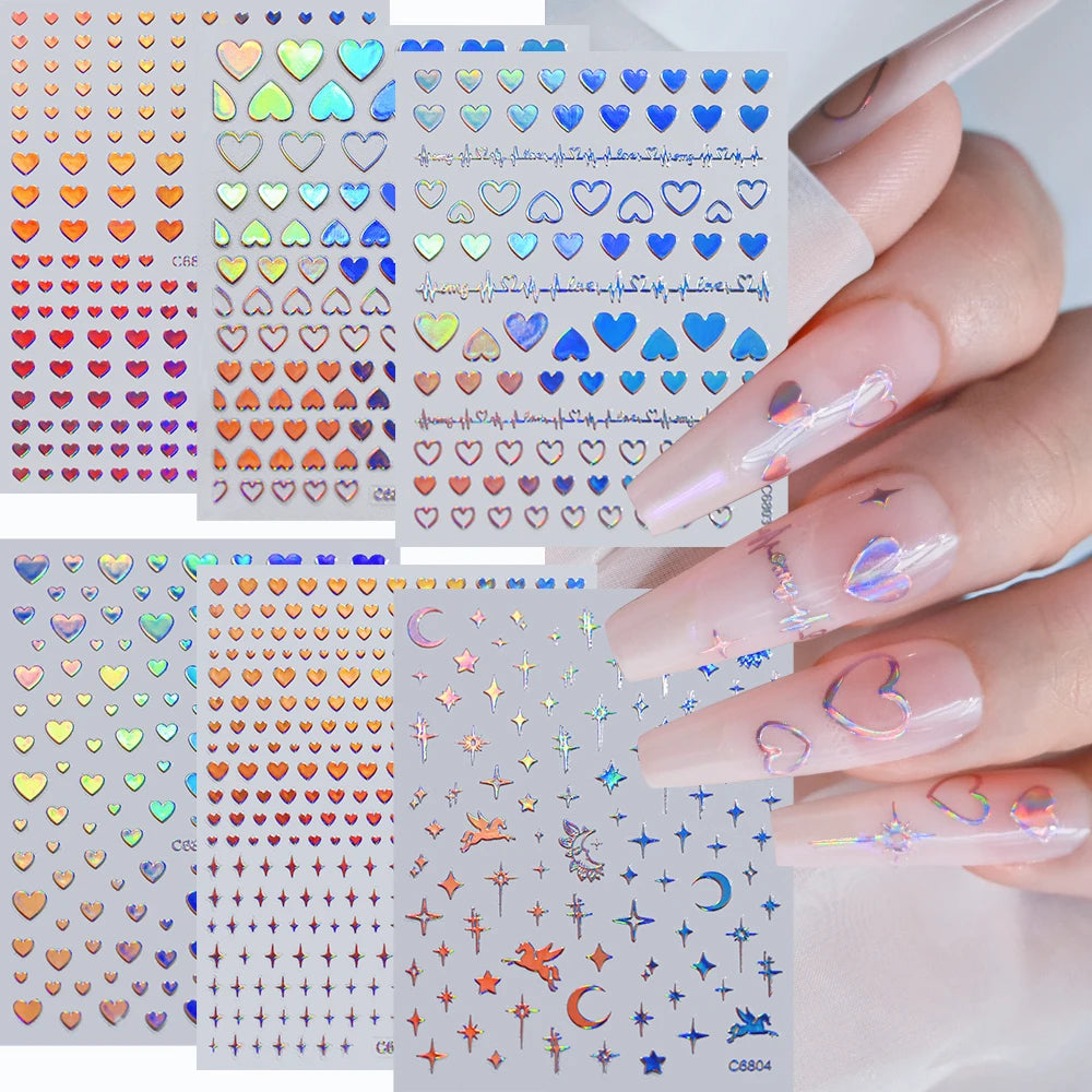 6 Stück 3D Blaue Herz-Nagelaufkleber Bronzierte Gold Silber Stern Mond Sonne Selbstklebende Slider Y2K Nagelkunst Abziehbilder Maniküre Dekoration