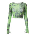 Sexy sehen Trog Crop Top Vintage Grafik druck grün Mesh schiere T-Shirt lange Flare Ärmel Slim Fit T-Shirt Frauen kleider