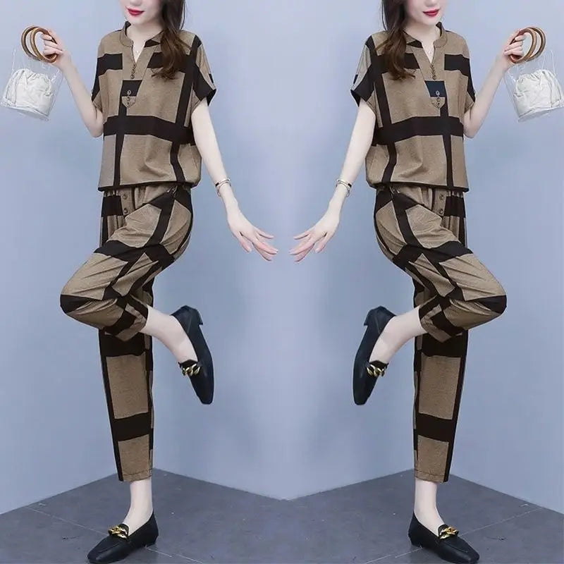 Frauen Casual Anzug 2025, Frühling Sommer Neue Mode Lose Koreanische Plus Größe Kleidung Kurzarm Tops Harun Hosen 2 Zwei Stück Set