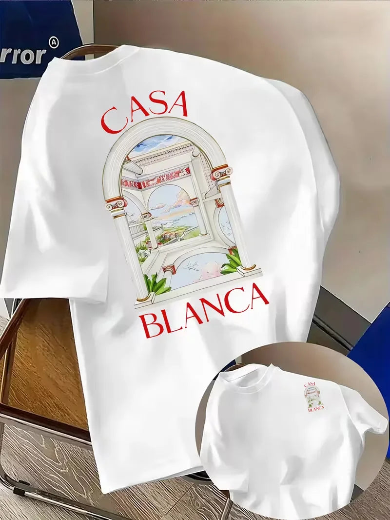 Casablanca Aesthetic Y2K Architectural Graphic Unisex Casual Rundhals Kurzarm Sommer Neutral Streetwear Y2K Kleidung ﻿