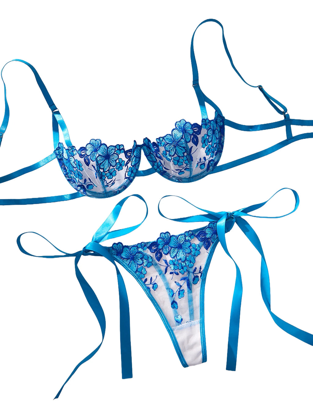 Lady Floral Stickerei Dessous Set Frauen Sheer BH und Slip Unterwäsche Set Satin Sexy Dessous Unterwäsche