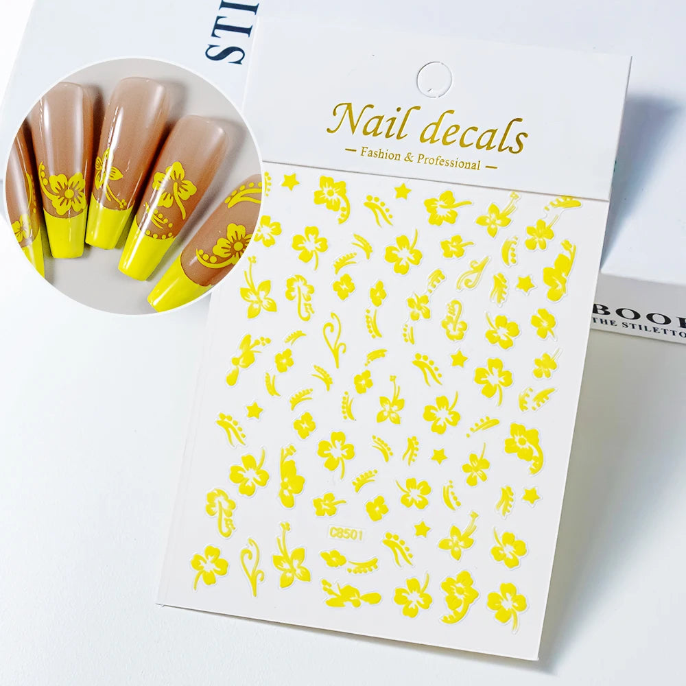 1 Stück 3D weiße Hibiskusblüten-Nagelkunst-Aufkleber, 8 Farben, hohle Blütenblätter, Blumen-Nagelaufkleber, exquisiter Gold-/Silber-/Schwarz-Blumenschieber