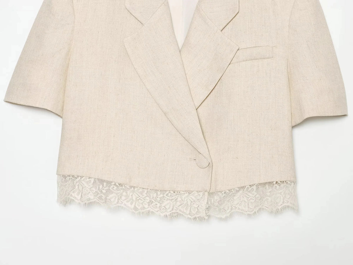 KONDALA Lässiger Chic Damen-Anzug mit V-Ausschnitt, Einknopf-Blazer, Kurze Spitzenblazerjacke, Reißverschlusstaschen, Shorts, Modisches 2026 Frühling-Sommer-Set