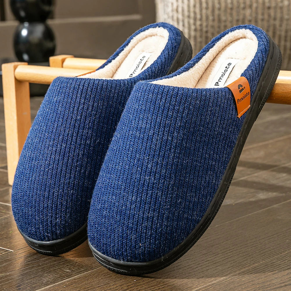 Memory Foam Cushion Hausschuhe Herren Wildleder TPR Sohle Plattform Warm Weich Rutschfest Streifen Bequeme Innenschuhe Gestrickt