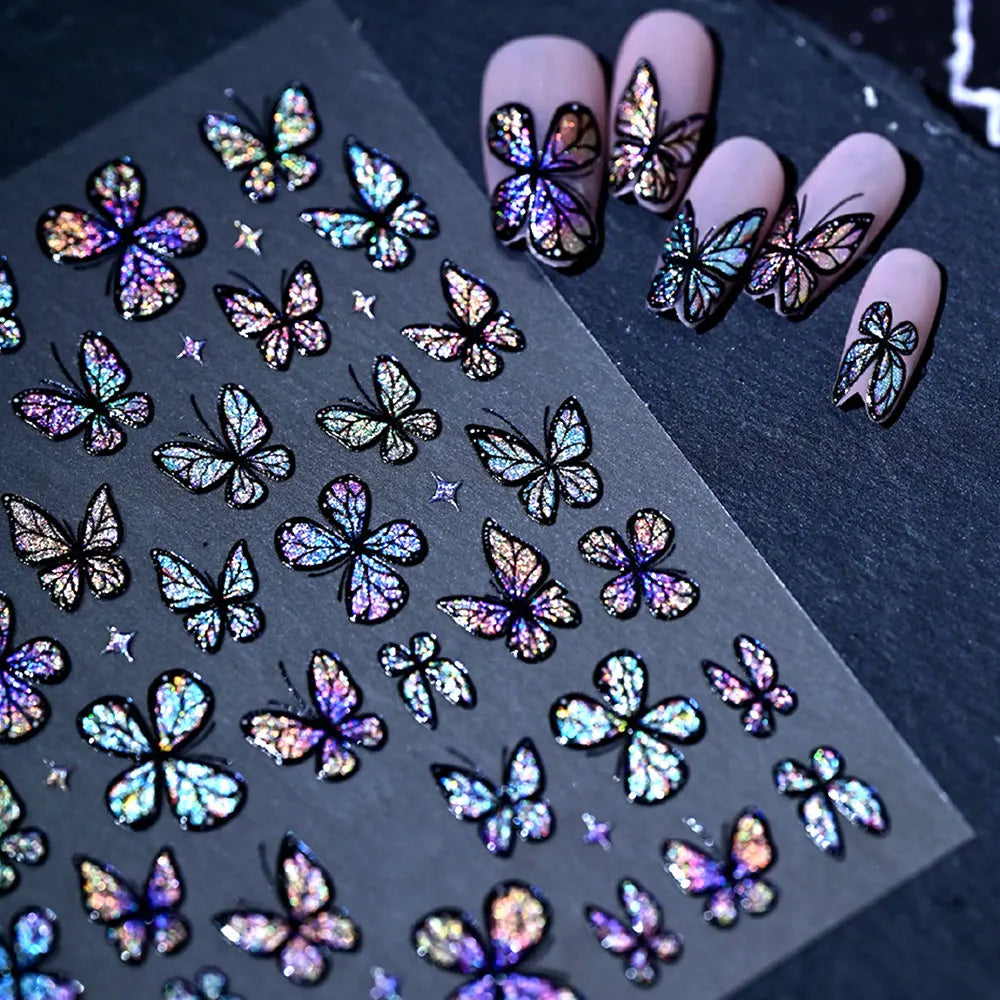 5D Glänzende Schillernde Glitzer-Schmetterling Nagelaufkleber Holographische Katzenauge-Schmetterlinge Nagelsticker Selbstklebende Nageldekoration*1Stk