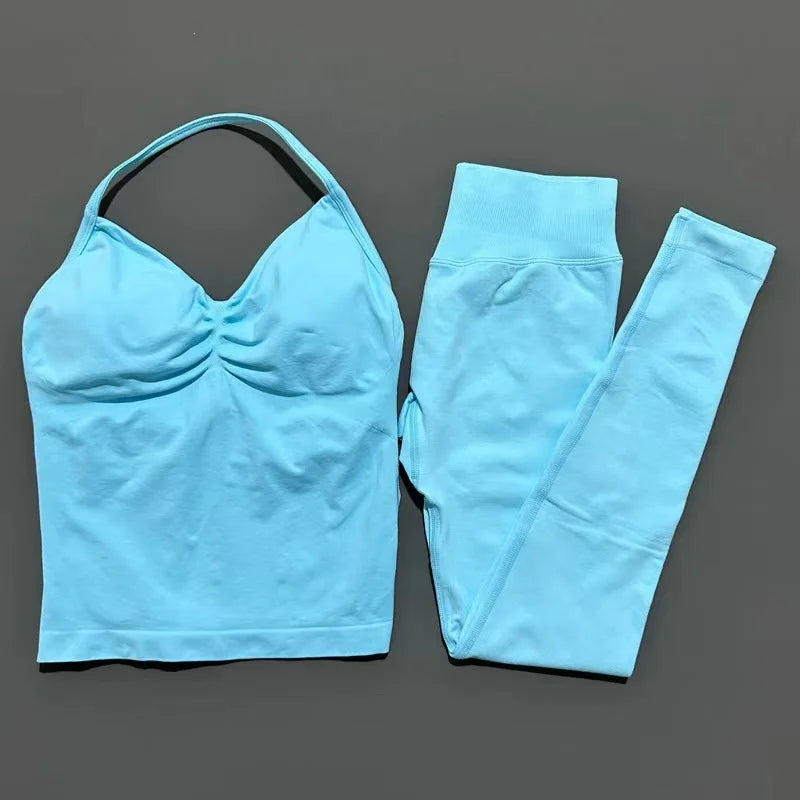HISTELLO Gym-Leggings-Set, 2-teilig, für Damen, Yoga, lang, mit Trägern, nahtlos, Fitness-Kleidung, Laufen, Workout, Sport-Tops, Outfit