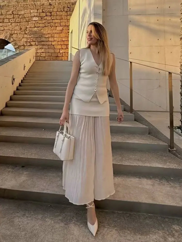 HH Frauen Elegante Solide Strick Weste Röcke Anzug V-ausschnitt Einreiher Westen Tops Hohe Taille Patchwork Rock Sommer Outfits