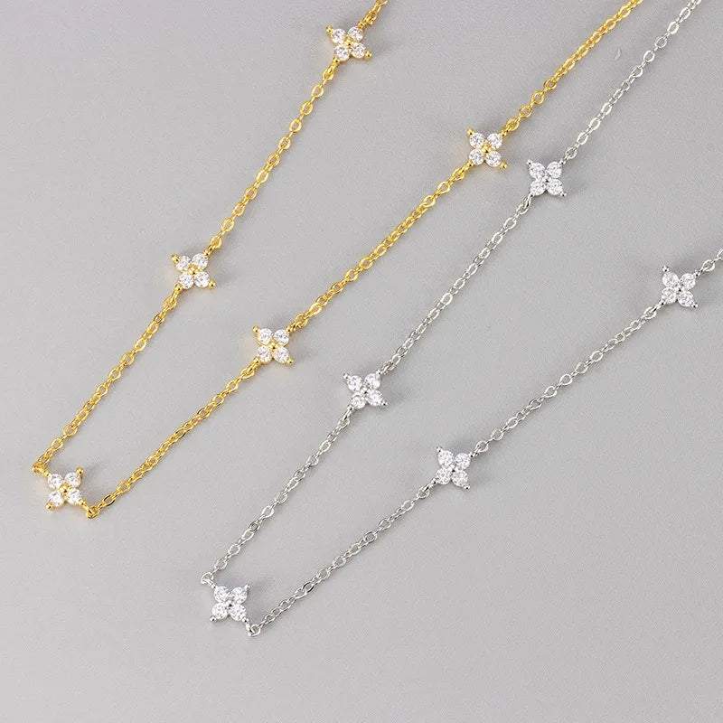 Edelstahl-Zirkon-Halskette mit vierblättrigem Kleeblatt-Anhänger für Frauen und Mädchen, schlichter, eleganter Schmuck, Geschenk, Glücksbringer-Kette