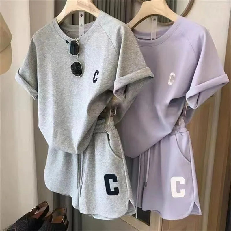    2-teiliges Set für Damen, Sommer, lockeres Kurzarm-T-Shirt, lässige Shorts, Sportdruck, Brief, Freizeitanzug, große Größe, kurze Pyjamas