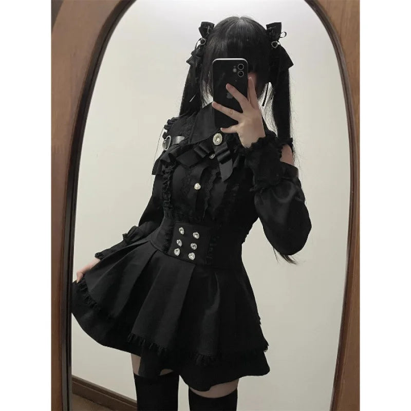 Damen-Lolita-Set, dunkles Femme-Mesh-Oberteil und Taillenrock, 2025, japanischer Herbst-Street-Style-Koord für Gothic-Baddie-Mode