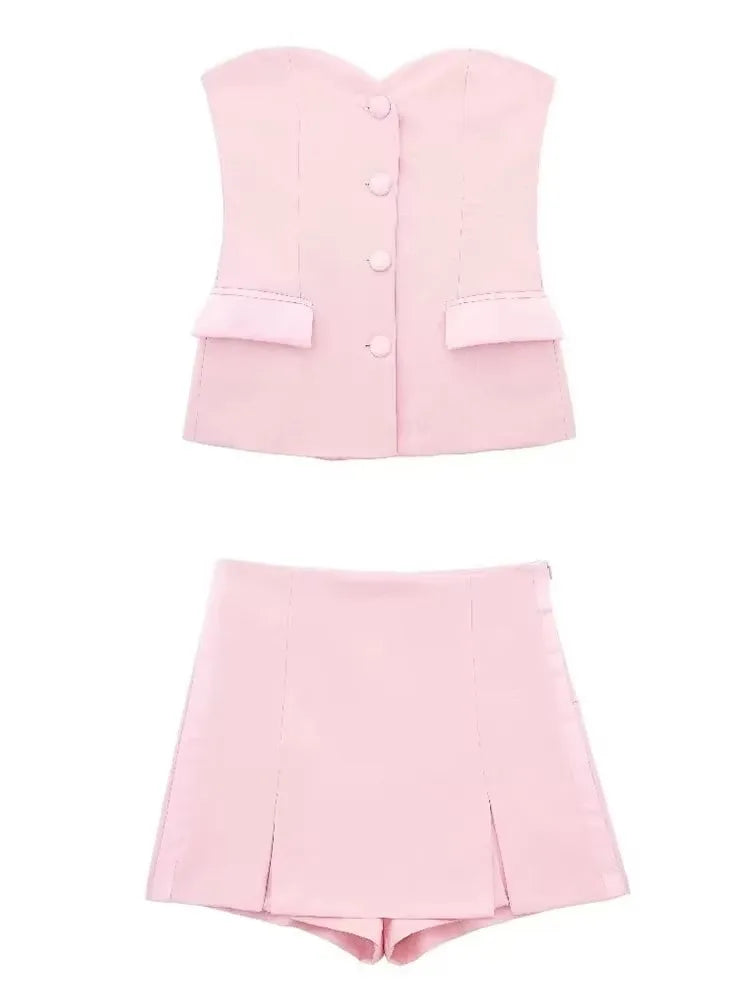 HH Sommer Frauen Elegante Rosa Shorts Röcke Sets Vorderen Knopf Rohr Tops Schlank Schlitz Shorts Culottes Weibliche Mode Streetwear