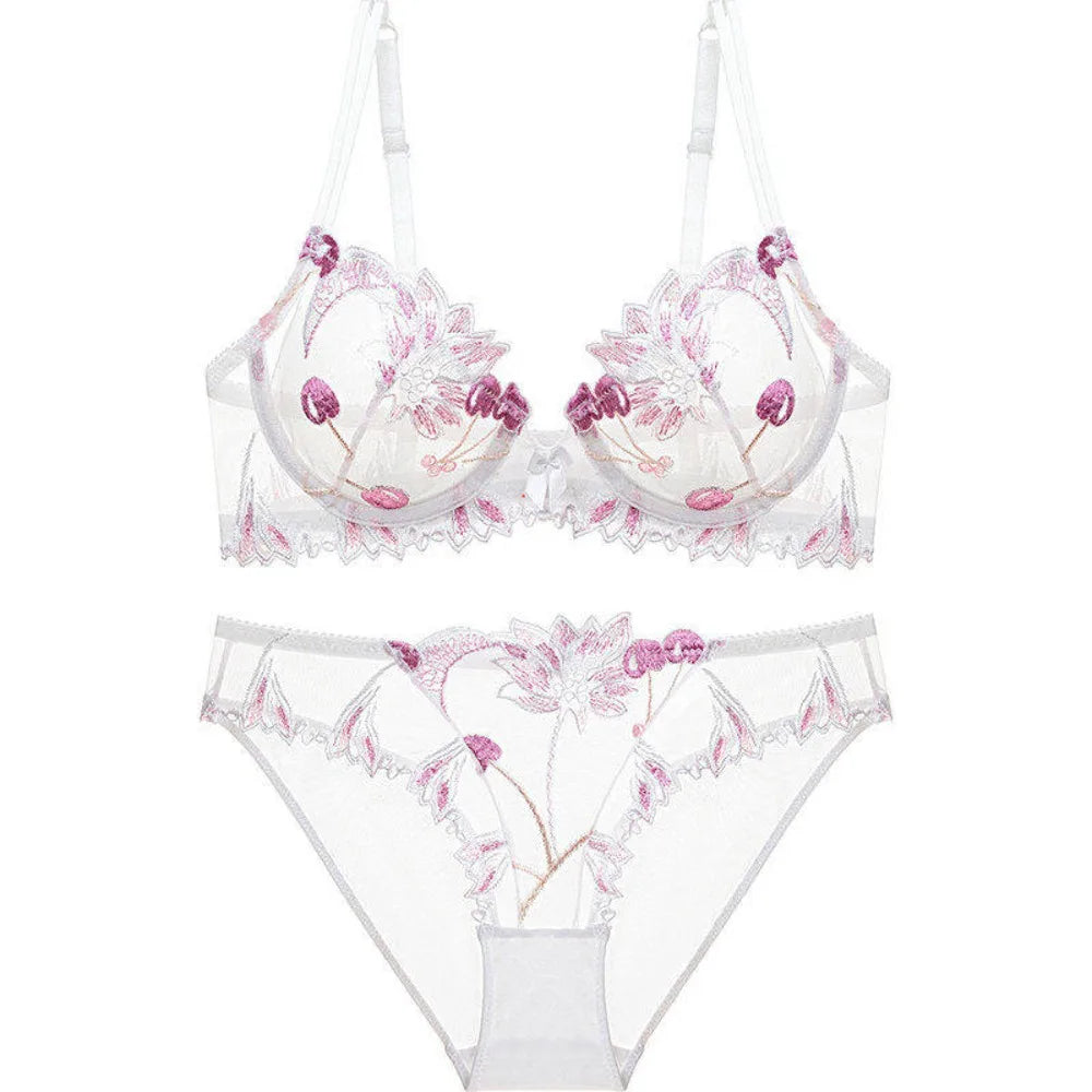 Eleganter Kirschblüten-Stickerei-Spitzen-Bügel-BH, ultradünn, Minimizer, stützend, Anti-Sagging, seitlich glättend für große Brüste, Größen 32-38, Set