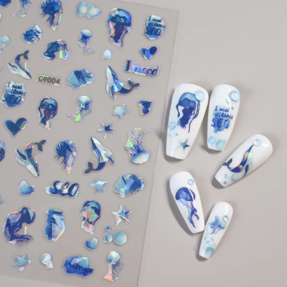 Bunte Blasen Laser Shattered Glass Effect Nail Art Aufkleber Regenbogen Bagful Goldfish 5D Aufkleber Selbstklebende Maniküre Sliders